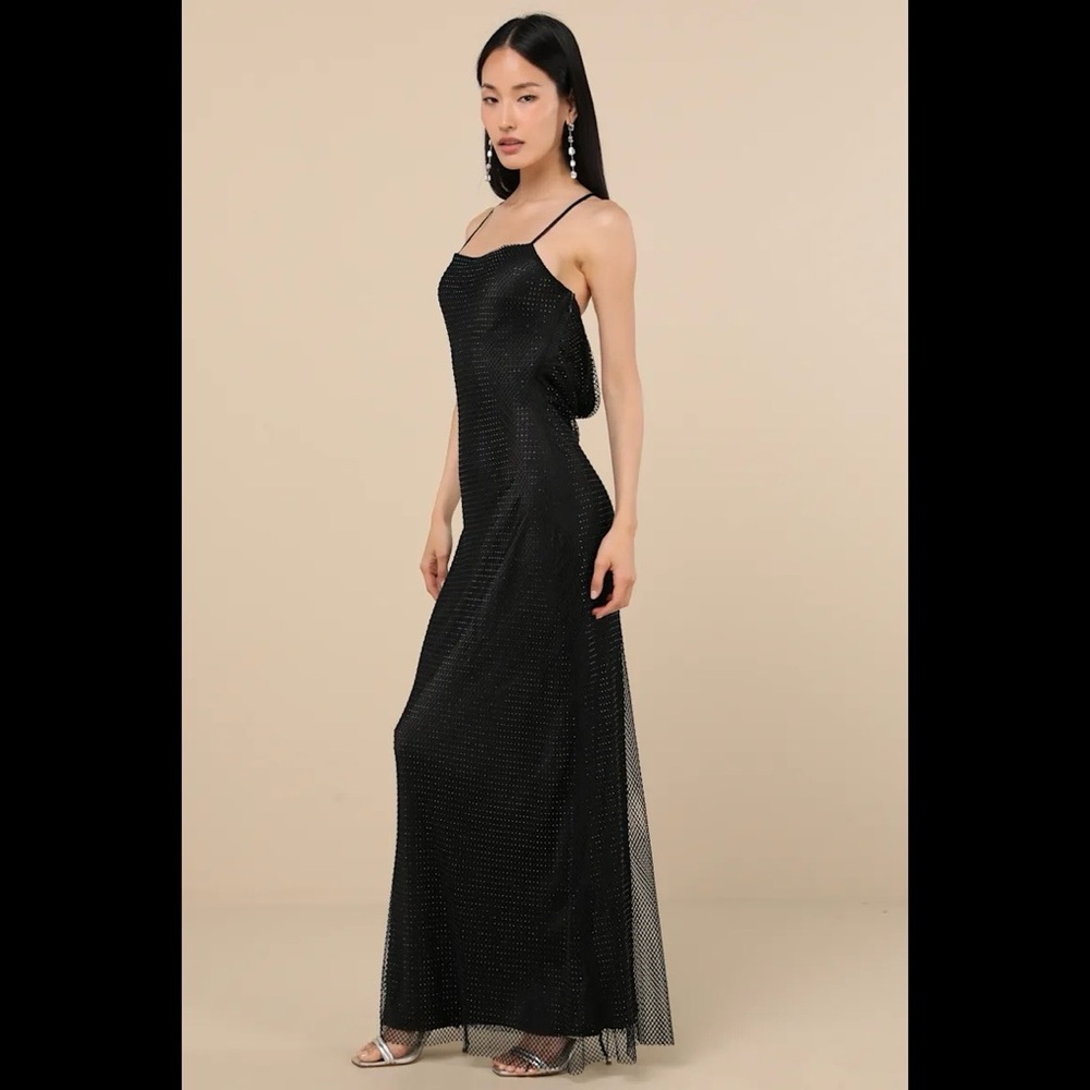 NWT LULUS Maxxine Black Fishnet Rhinestone Column Maxi Dress - Picture 4 of 4